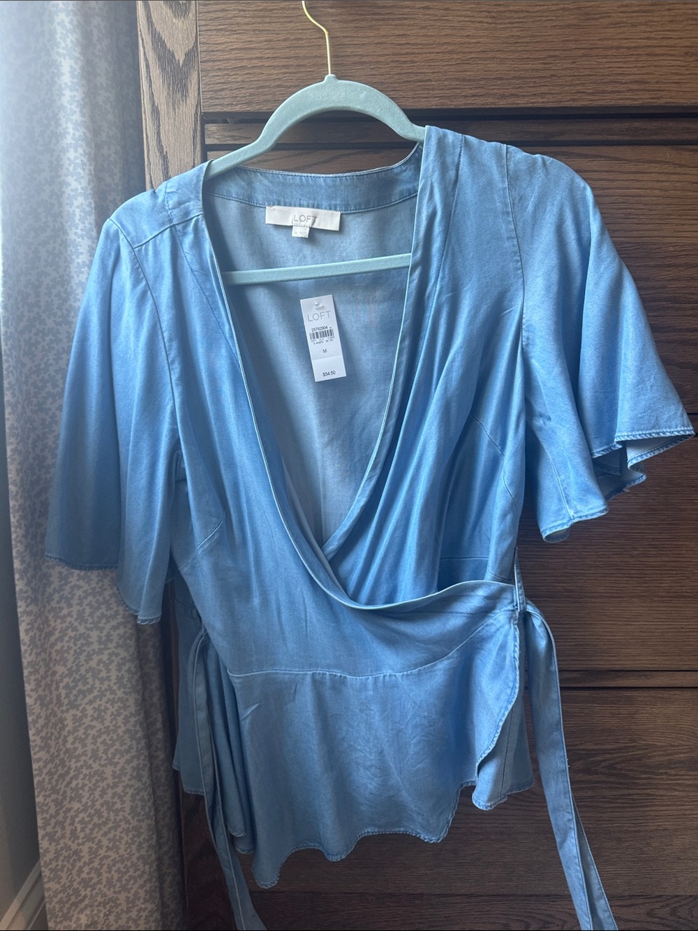 LOFT Dusty Blue Wrap Blouse with Tie Waist